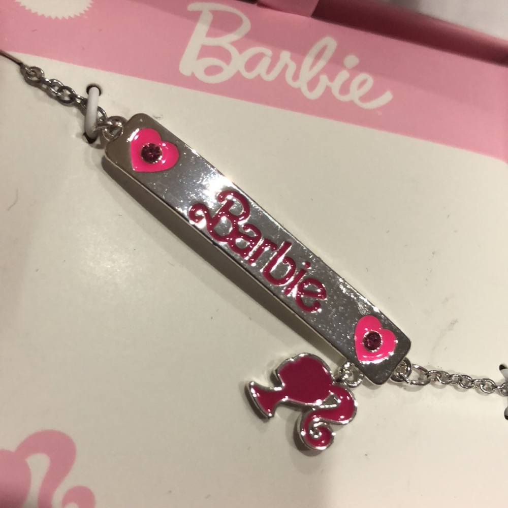 Barbie fine silver plated Barbie charm pink heart printed bar‎ bracelet new